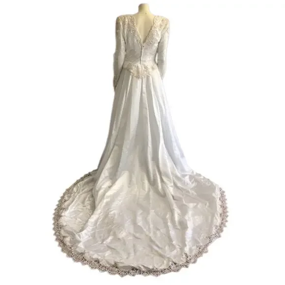 Vintage wedding sequenced dress with detachable skirt & train Ivory gold medium - Picture 4 of 17